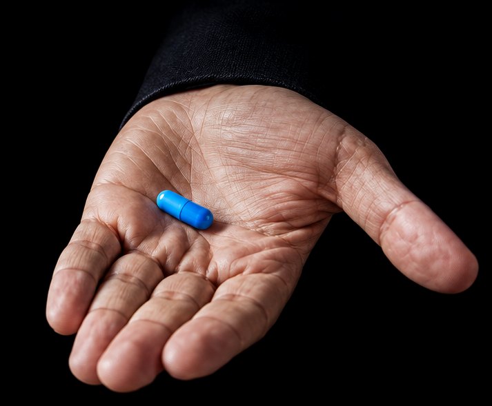 An open hand holding a blue capsule
